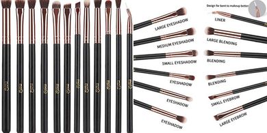 Rose Gold 12-Piece Eyeshadow & Eyeliner Brush Set (Synthetic, Wood Handles)
