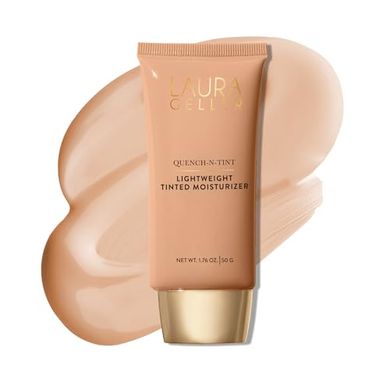 Laura Geller Quench-n-Tint Hydrating Foundation: Light/Medium, buildable, natural glow.
