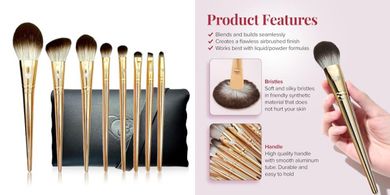 Delbar Gold: 8-Piece Pro Makeup Brush Set with Travel Bag
