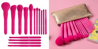 15-Piece Premium Synthetic Makeup Brush Set (Hot Pink)