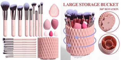 18-Piece Premium Makeup Brush Set with Sponge & Case (Pink)
