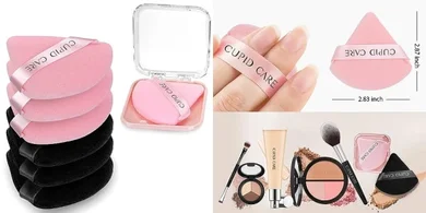 6 Triangle Powder Puffs with 2 Travel Cases: Velour Makeup Blenders