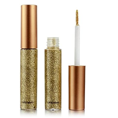 Long-lasting, waterproof glitter eyeliner in gold, silver, pink, and green.